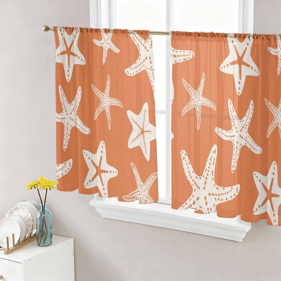 Starfish Sheer Curtains for Living Room Bedroom, Summer Beach Nautical Ocean Sea Star Marine Life Orange Light Filtering Sheer Curtain Rod Pocket Voile Window Treaments Drapes, 52 x 54 Inches