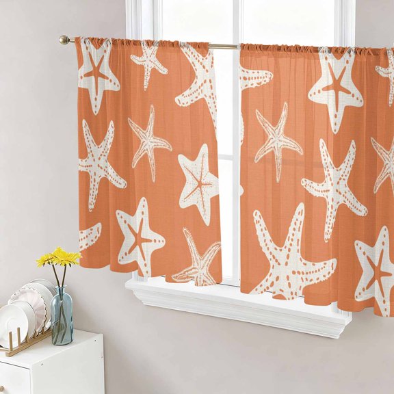 Starfish Sheer Curtains for Living Room Bedroom, Summer Beach Nautical Ocean Sea Star Marine Life Orange Light Filtering Sheer Curtain Rod Pocket Voile Window Treaments Drapes, 52 x 45 Inches