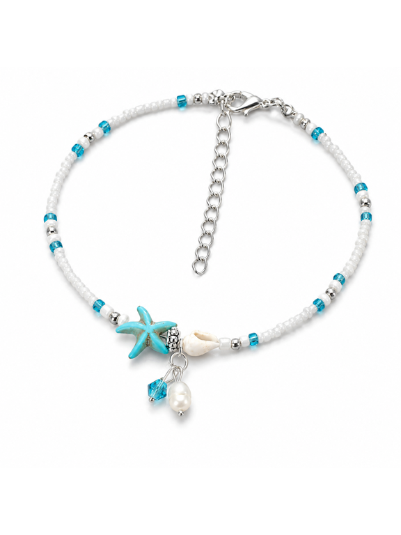 Starfish Shell Anklet, 21.5 + 7 cm Adjustable Alloy Beaded Ankle Bracelet with Beach Charm Design, Lightweight Foot Jewelry for Summer Outfits, Vacation Looks and Casual Styling