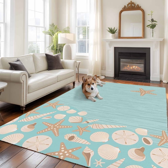 Starfish Shell Area Rugs 5x7 ft Abstract Ocean Beach Shore Teal Striped Washable Rug Non Slip Indoor Carpet Absorbent Floor Mat for Living Room Bedroom Dining Room