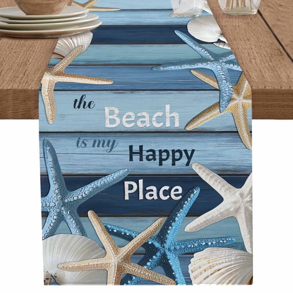 Starfish Shell on Blue Wood Barn Table Runner-36 Inch Long Beach Happy Place Table Runners Linen Burlap Tablerunner for Kitchen Dining Room Holiday Party