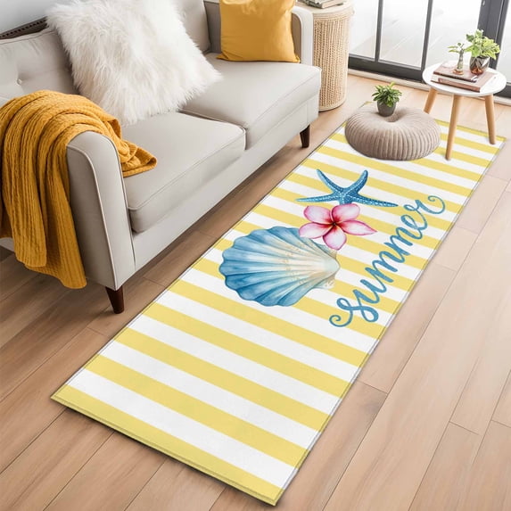 Starfish Shell Coastal 2'x6' Runner Rugs for Hallway Kitchen Bedside Non Slip, Summer Nautical Yellow Striped Farmhouse Entryway Rug Runners with Rubber Backing, Long Carpet Runner for Laundry Room