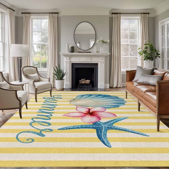 Starfish Shell Coastal Area Rugs 5'x7', Washable Small Throw Rugs for Laundry Room Playroom, Summer Nautical Striped Farmhouse Indoor Outdoor Rug Non-Slip Low Pile Carpet Runner Reversible Floor Mats