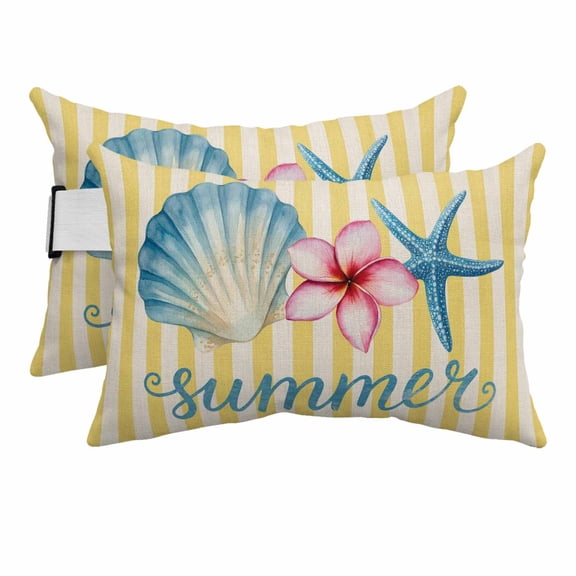 Starfish Shell Coastal Outdoor Pillows for Chaise Lounge Chair Beach Headrest Pillow Set of 2 Waterproof Lumbar Pillows with Insert&Strap Summer Nautical Striped Farmhouse Pool Pillow 12"x20"