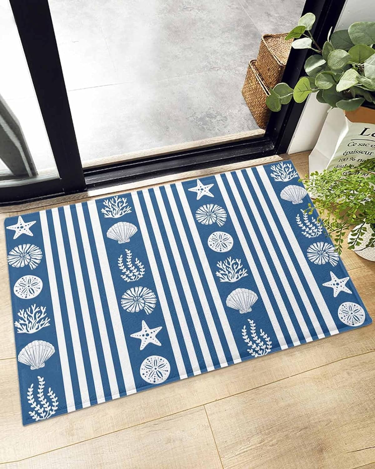 Blue White Shell Rug Starfish Shell Coral Blue Stripes White Doormat Shaggy Plush Rug, Comfy ...