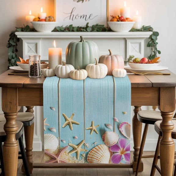 Starfish Shell Cotton Linen Table Runner, Washable Table Runners for Kitchen, Dining Room, Holiday, Home Party Table Decor, 13x48 Inches