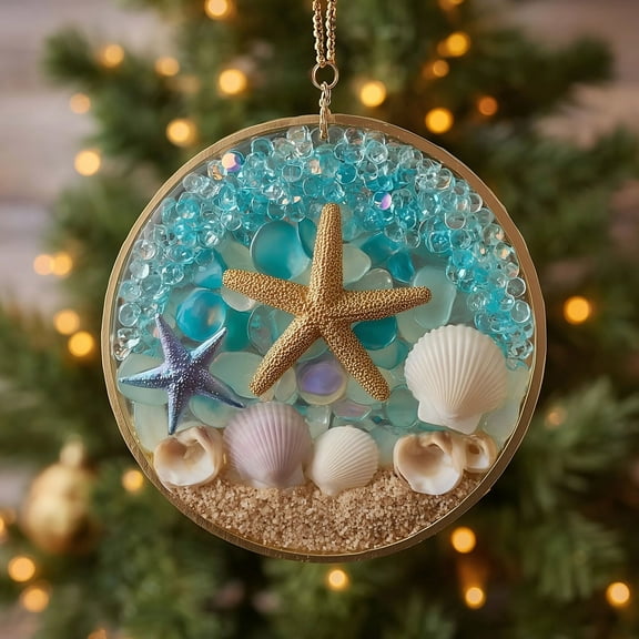 Starfish And Shell Hanging Ornament,Sea Glass Suncatcher, Crashing Wave Beach Ornament，Hanging Ornament On Acrylic Circle Sea Glass Pieces Light Catcher for Beach Themed Home
