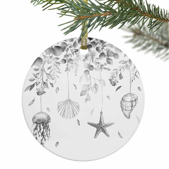 Starfish Shell Leaves Christmas Ceramic Ornament 2025,3" Round Xmas Tree Hanging Accessories with Gold Ribbon