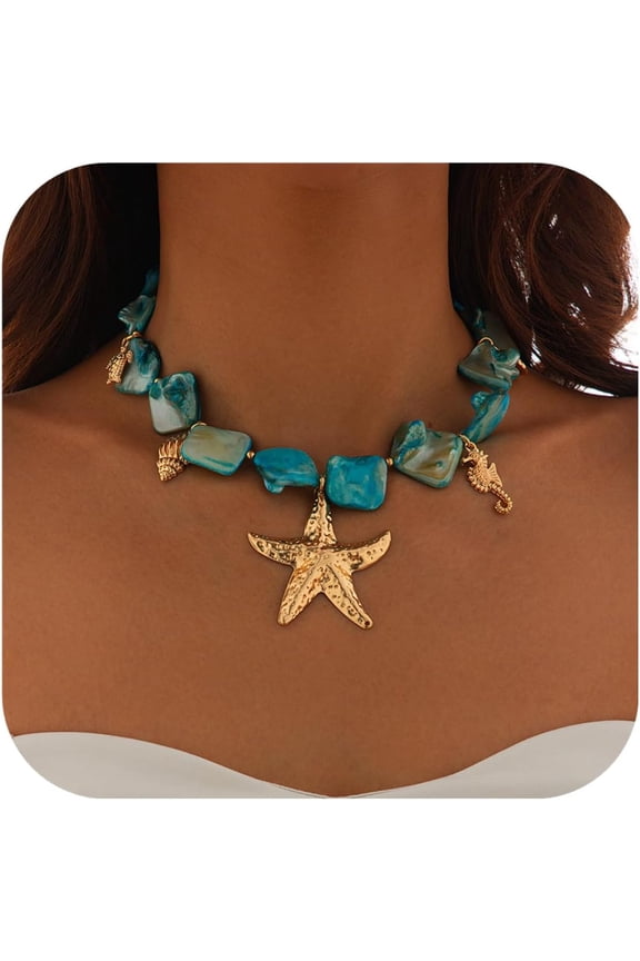 Starfish Shell Necklaces for Women Trendy Summer Boho Seashell Pendant Beach Necklace Gold Charm Choke Necklace Dainty Statement Necklace Fashion Surfer Jewelry Gift