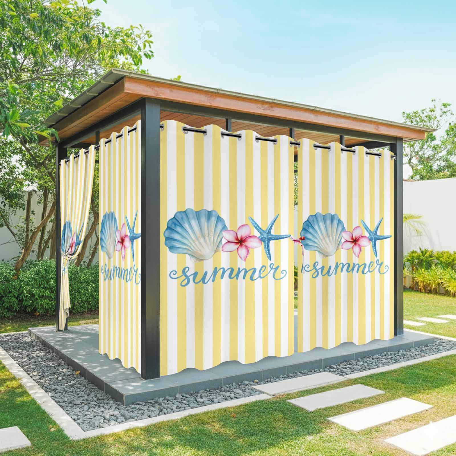 Starfish Shell Outdoor Curtains for Patio, Summer Pink Floral Yellow Stripes Sunshade Privacy Drapes Grommet Waterproof Outside Curtains for Porch/Cabana/Balcony 54"x 108", 1 Panel