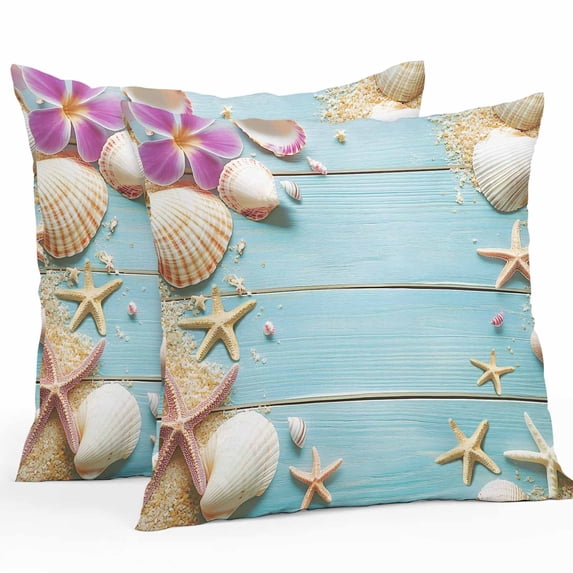 Starfish Shell Outdoor Pillow Covers Pack of 2 Floral Sand Summer Beach Blue Wood Grain Waterproof Throw Pillow Covers Decorative Cushion Cases for Patio Garden Tent Balcony Couch 26x26 inch