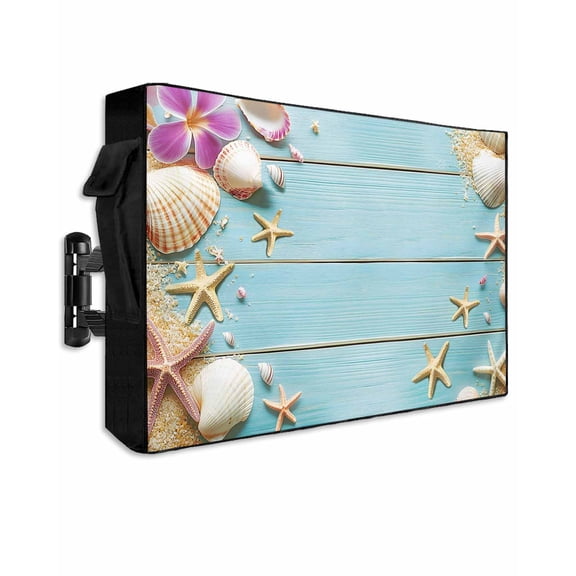 Starfish Shell Outdoor TV Cover 30 to 32 inch Floral Sand Summer Beach Blue Wood Grain Waterproof Dustproof TV Covers for Outside with Zipper Remote Control Pocket Flat Screen Protectors