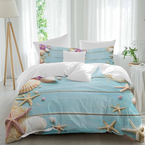 Starfish Shell Queen Size Comforter Set, Floral Sand Summer Beach Blue Wood Grain Bedding for All Seasons, 4 Pcs Bed Set, 1Quiltcover (90"x92") ,1Sheet(94"x116"), 2Pillowcases (30"x20")