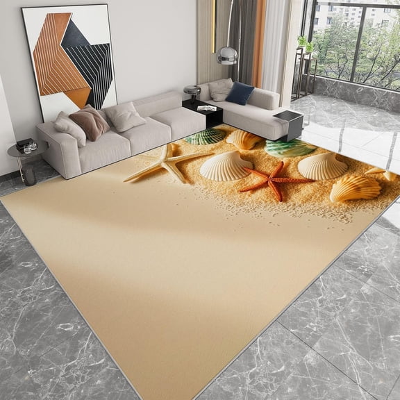 Starfish Shell Sand Area Rugs, Beige Coastal Carpet, Washable Non Slip Low Pile Soft Rug for Living Room Bedroom Home Decor Mat 5x8ft