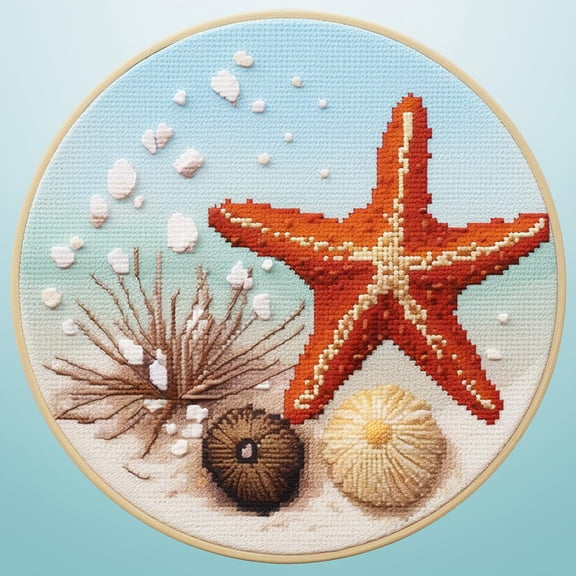 Starfish and Shell Stamped Cross Stitch Kits for Beginners Easy with Hoop 11CT Needlepoint Embroidery DIY Counted Cross Stitch Kits Art Craft Wall Decoration 35x35cm(2)