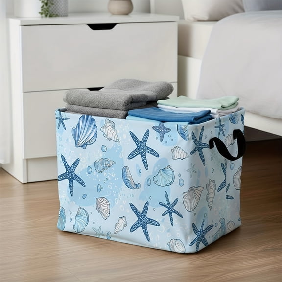Starfish Shell Storage Basket with Sturdy Handle - Durable Polyester Fiber Open-Top Rectangular Suitable for Clothing, Books, - Marine-Themed Decorative Basket for ' Rooms,, Travel & Camping Storage