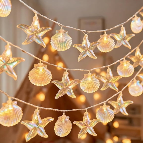 Starfish Shell String String Light 9.8 FT Lights with Battery Operated Warm White LEDs, Ocean Theme for Holiday Party, Wedding, Garden Decoration (Shell Stars)