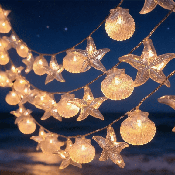 Starfish Shell String String Light 9.8 FT Lights with Battery Operated Warm White LEDs, Ocean Theme for Holiday Party, Wedding, Garden Decoration (Shell Stars)