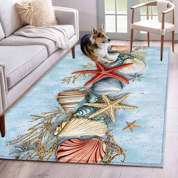 Starfish Shell Washable Area Rugs 2.7'x5', Summer Beach Low Pile Throw Living Room Rug Non-Slip Sturdy Edge Binding Carpet for Indoor Entryway Bedside Kitchen