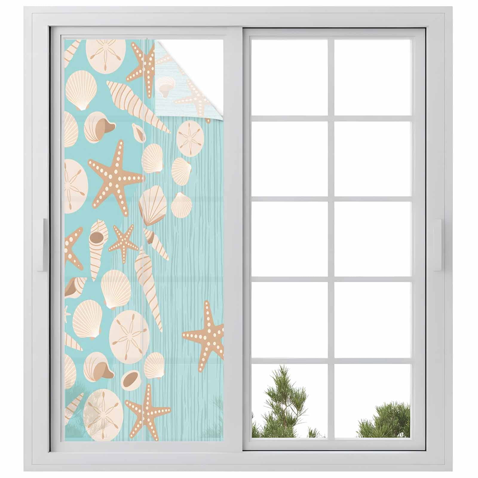 Starfish Shell Window Privacy Film, Abstract Ocean Beach Shore Teal Striped Frosted Glass Window Clings Static Cling UV Heat Blocking Reusable Door Sticker for Bathroom 23.6 x 59 Inch