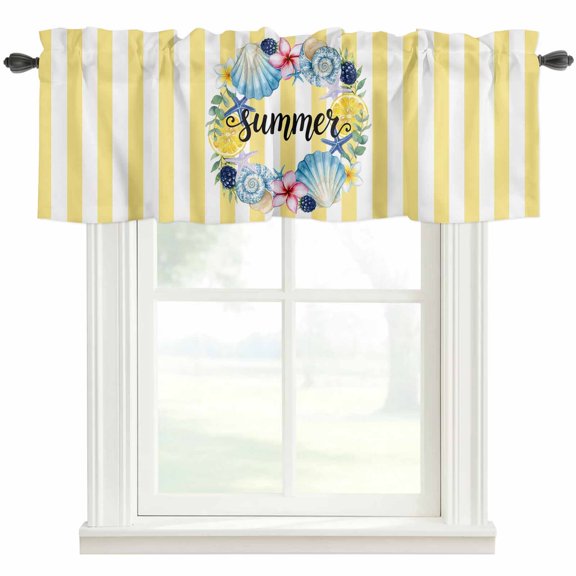 Starfish Shell Wreath Valances for Windows Summer Lemon Yellow Stripes Rod Pocket Curtain Valance Window Treatment Short Curtains for Kitchen Living Room, 42"x12"