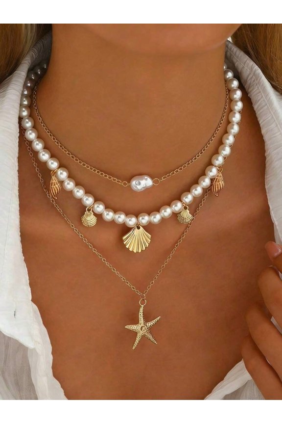 Starfish + Shells 3-Piece Layered Necklace Set With Starfish And Shell
