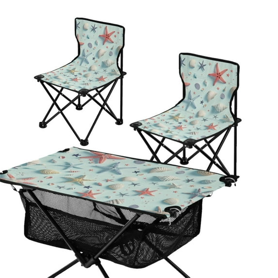 Starfish Shells Blue Camping Folding Table and Chair Set, 2pcs Fold Up Chair with 1pcs Lightweight Folding Table, Portable Lightweight Folding Camping for Picnic, Sports, Fishing