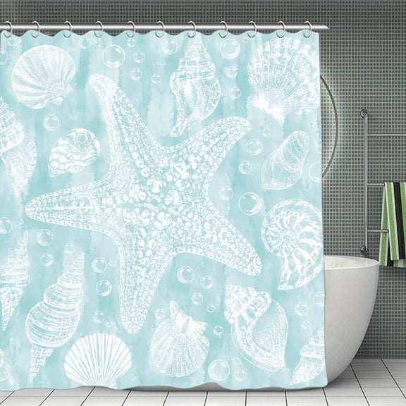Starfish Shells Bubbles Print Shower Curtain,Cloth Fabric Waterproof Polyester Bathroom Home Decor Set with Hooks 70.8×70.8Inch