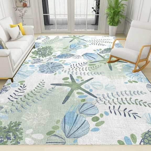 Starfish Shells Coral Area Rug 2x3ft Rug Nautical Coastal Ocean Theme Indoor Rugs Seaweed Starfish Conch Non-Slip Washable Carpet for Living Room Bedroom Office