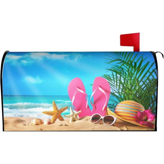 Starfish Shells Flip-Flops Hat and Sunglasses On Beach Mailbox Cover Magnetic Summer Mailbox Wraps Post Box Cover Décor 21x18 in