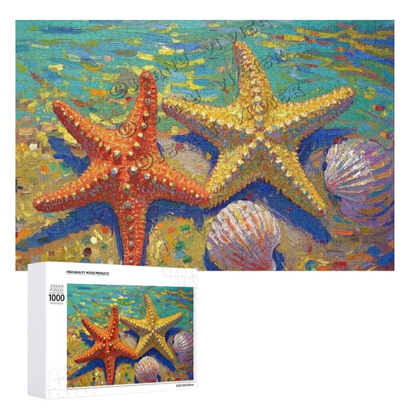 Starfish & Shells Gold Print Puzzle 1000 Piece Wooden Jigsaw for Adults Perfect for Coastal Themed Rooms, Gifts, and Wall Art Decor