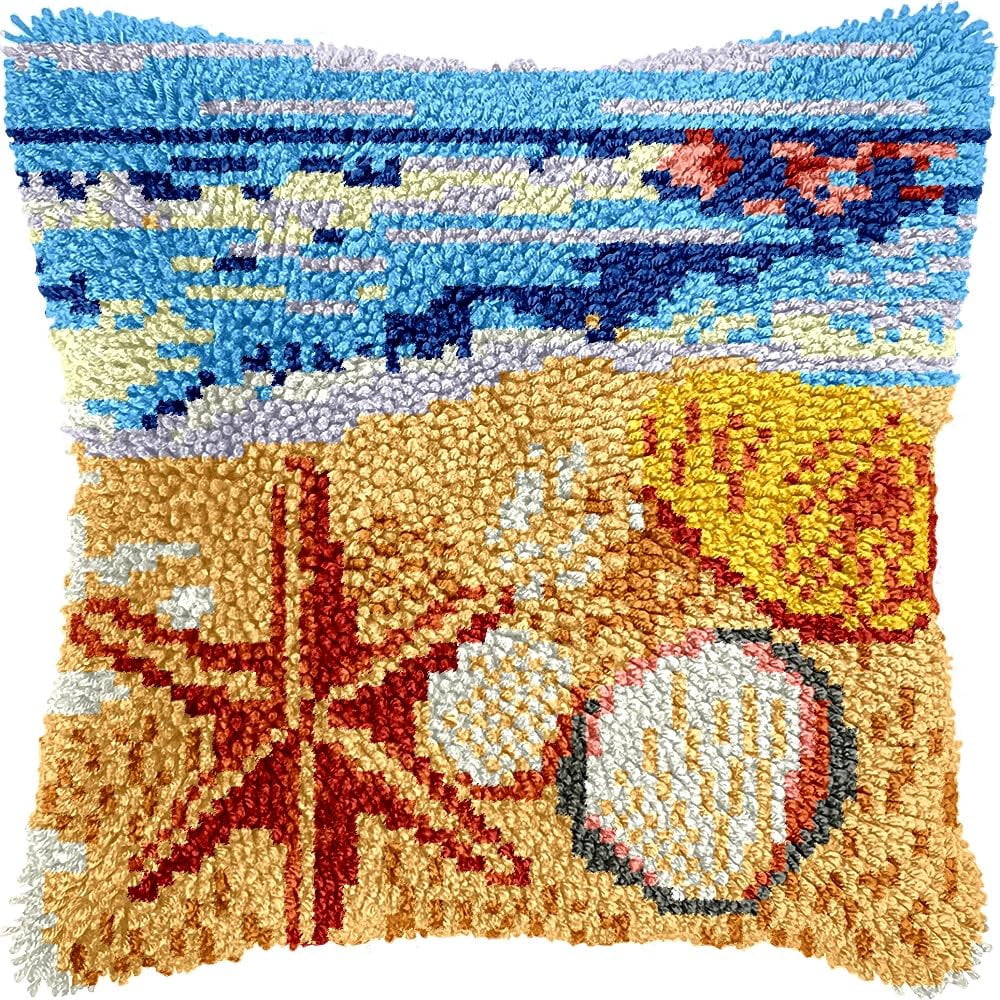 Starfish & Shells Latch Hook Kits Pillow kits Cushion Throw Pillow Embroidery Craft Kits DIY Kits of DIY Hooking Pillowcase Cover Supplier with Color Printed Canvas 43x43cm (105)