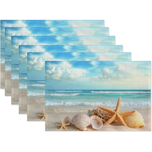 Starfish Shells Placemats Set of 6,Beach Waterproof Heat Resistant Dining Table Plate Mat for Home Kitchen Dining Table 12x18Inch
