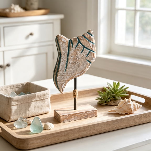 Starfish and Shells Tabletop Ornament 8.66 Inch Coastal Wooden Beach Decor with Base for Shelf Coffee Table Bathroom Living Room Nautical Home Decoration