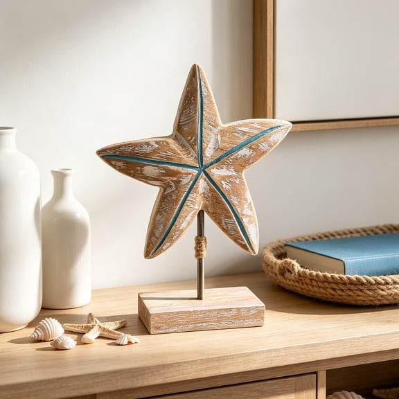 Starfish and Shells Tabletop Ornament 8.66 Inch Coastal Wooden Beach Decor with Base for Shelf Coffee Table Bathroom Living Room Nautical Home Decoration
