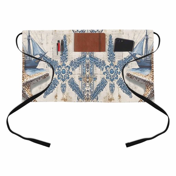 Starfish Ship Kitchen Restaurant Half Waist Apron, Vintage Blue Yellow Starfish Sea Ship Linen Texture Server Short Apron with 3 Pockets Waterproof Oil Waist Aprons for Women Waitress Waiter