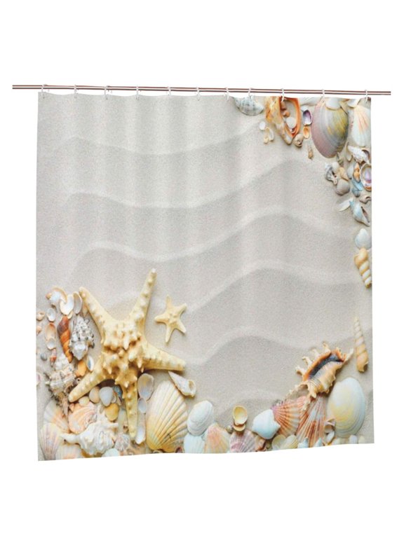 Starfish Shower Curtain, Seacoast with Sand with Colorful Various Seashells Tropics Aquatic Wildlife Theme Shower Curtain 72x72 in
