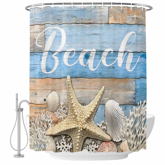 Starfish Shower Curtain, Waterproof Shower Curtains for Bathroom, Blue Brown Ocean Shell Coral Farmhouse Washable Fabric Bathtub Curtain Set Bath Decor with 12 Hooks 72"x78"