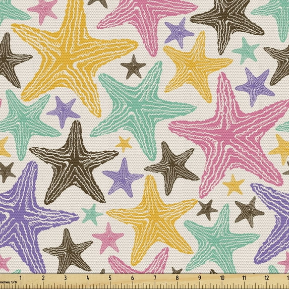 Ambesonne Starfish Fabric by the Yard Upholstery, Rainbow Tone Summer Theme, 2 Yards, Multicolor