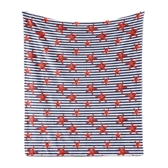 Starfish Soft Flannel Fleece Blanket, Classical Striped Backdrop with Red Colored Sea Stars Maritime Themed Pattern, Cozy Plush for Indoor and Outdoor Use, 70" x 90", Navy White Red, by Ambesonne