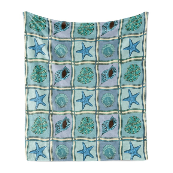 Starfish Soft Flannel Fleece Blanket, Marine Patchwork Style Inspired Pattern with Ropes Starfishes and Seashells Print, Cozy Plush for Indoor and Outdoor Use, 50" x 60", Multicolor, by Ambesonne