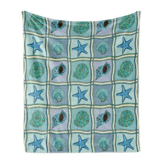 Starfish Soft Flannel Fleece Blanket, Marine Patchwork Style Inspired Pattern with Ropes Starfishes and Seashells Print, Cozy Plush for Indoor and Outdoor Use, 50" x 70", Multicolor, by Ambesonne