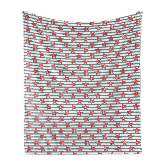 Starfish Soft Flannel Fleece Blanket, Stripes Background with Dotted Seastar Pattern Exotic Subaquatic Animals, Cozy Plush for Indoor and Outdoor Use, 50" x 60", Slate Blue Red White, by Ambesonne