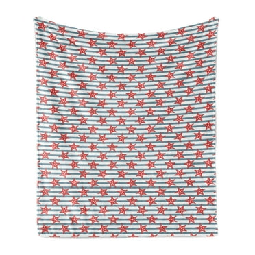 Starfish Soft Flannel Fleece Blanket, Stripes Background with Dotted Seastar Pattern Exotic Subaquatic Animals, Cozy Plush for Indoor and Outdoor Use, 60" x 80", Slate Blue Red White, by Ambesonne