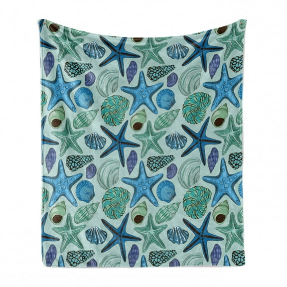 Starfish Soft Flannel Fleece Throw Blanket, Aquarium Inspired Composition Tropical Seashells and Scallops Cockles and Clams, Cozy Plush for Indoor and Outdoor Use, 50" x 70", Multicolor, by Ambesonne
