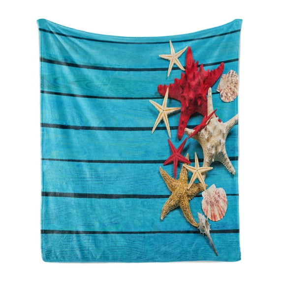 Starfish Soft Flannel Fleece Throw Blanket, Different Types of Starfishes and Scallops on Blue Painted Wooden Planks Image, Cozy Plush for Indoor and Outdoor Use, 50" x 70", Multicolor, by Ambesonne