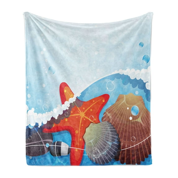 Starfish Soft Flannel Fleece Throw Blanket, Foaming Ocean Waves Graphic with Scallops and Seastar and Pebble Stones Bubbles, Cozy Plush for Indoor and Outdoor Use, 50" x 70", Multicolor, by Ambesonne