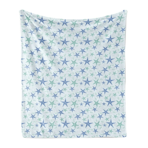 Starfish Soft Flannel Fleece Throw Blanket, Nautical Sea Creature in Calm Tones Underwater Themed Art, Cozy Plush for Indoor and Outdoor Use, 70" x 90", Almond Green Azure Blue, by Ambesonne