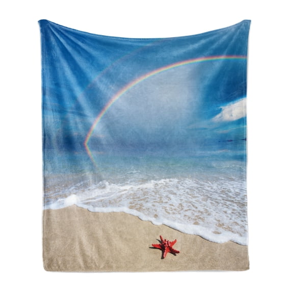Starfish Soft Flannel Fleece Throw Blanket, Rainbow over the Sea Clouds and Clear Sky Foamy Ocean Waves on the Sandy Beach, Cozy Plush for Indoor and Outdoor Use, 70" x 90", Multicolor, by Ambesonne