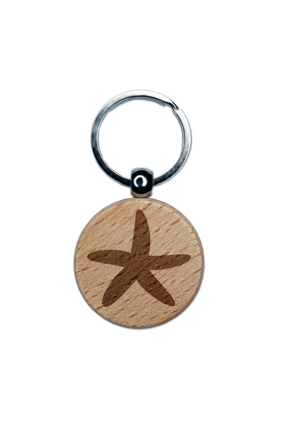 Starfish Solid Tropical Beach Round Keychain Charm Tag - Engraved Wood